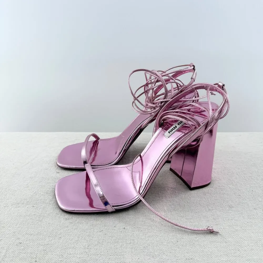 Miu Miu Metallic Leather Wrap-Around Ankle Lace Strappy Sandals Pink Women EU 40